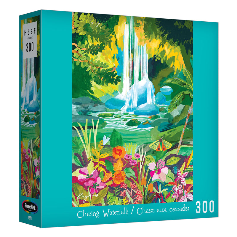 The ROSEART - HEBE STUDIO - CHASING WATERFALLS 300 piece jigsaw puzzle features an illustrated scene with a waterfall, rocks, green foliage, and colorful flowers.