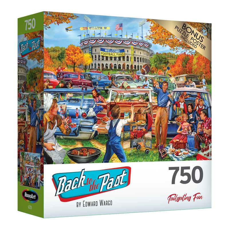 Enjoy the ROSEART - BACK TO THE PAST - TAILGATING FUN 750-piece jigsaw puzzle, featuring a vibrant vintage football tailgate scene with people, food, cars, and a stadium backdrop. Perfect for hours of entertainment!.