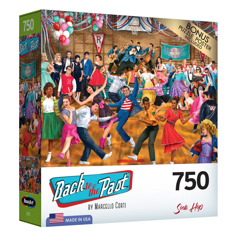 Box of a RoseArt - Back to the Past - Sock Hop - 750 Piece Jigsaw Puzzle featuring a lively 1950s sock hop scene. Includes a bonus poster. Made in the USA.