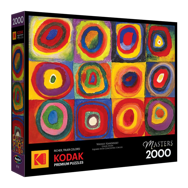 Explore the 2000-piece ROSEART - KODAK MASTERS jigsaw puzzle featuring Wassily Kandinsky's "Color Study, Squares with Concentric Circles." The colorful circles on a black background offer art and challenge for puzzle lovers.