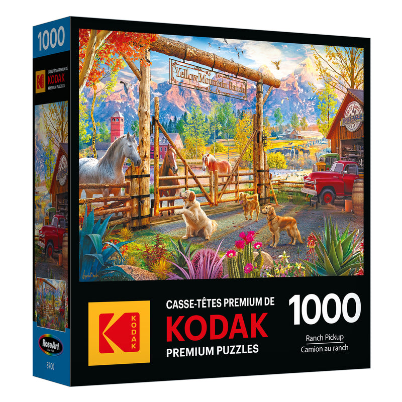 Explore the ROSEART Kodak Premium "Ranch Pickup" 1000-piece jigsaw puzzle, depicting a charming country ranch with animals, a vintage red truck, and majestic mountains. This puzzle offers quality and vibrant imagery from the Kodak Premium collection.