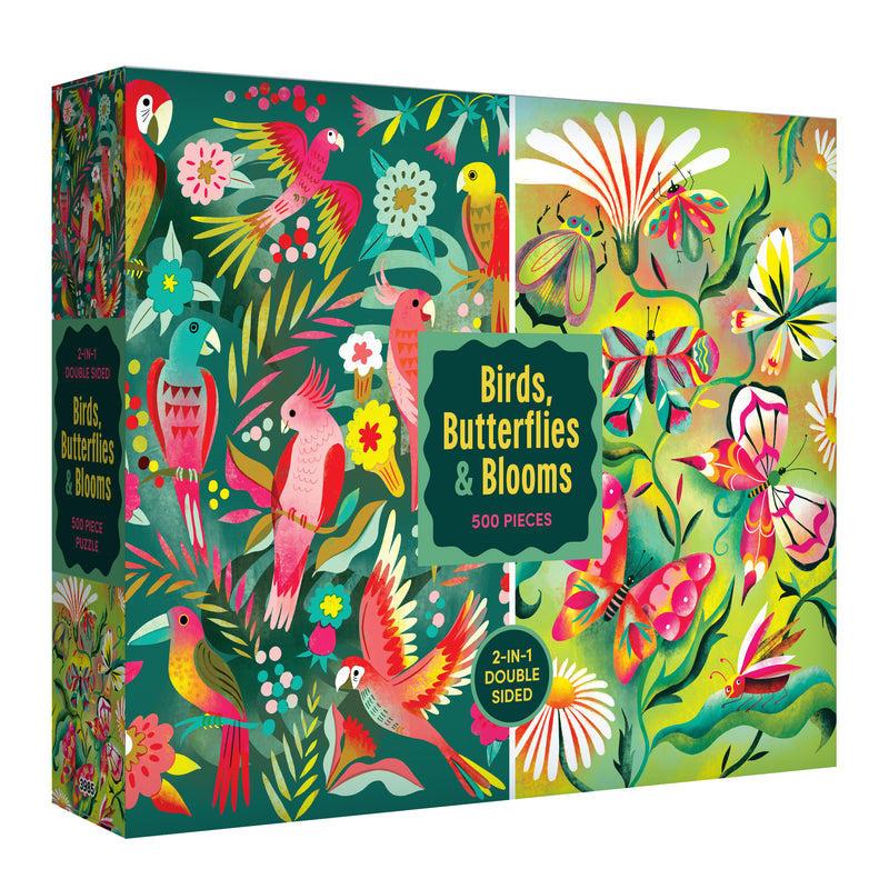 The ROSEART Double Sided Birds Butterflies and Blooms 500 Piece Jigsaw Puzzle features vibrant illustrations of birds, butterflies, and flowers in lively greens, pinks, and yellows.