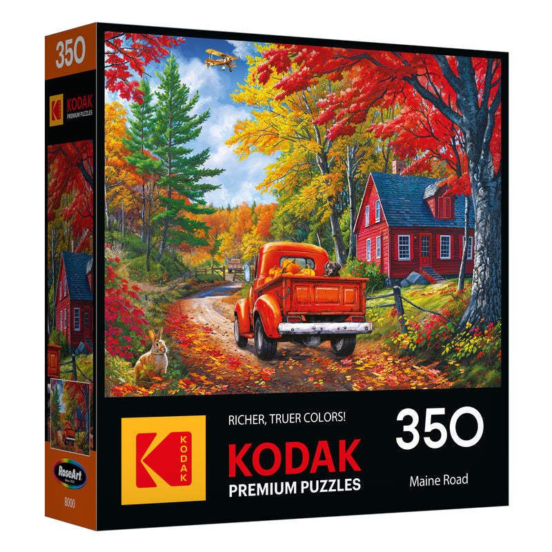 Assemble the ROSEART KODAK PREMIUM MAINE ROAD 350 PIECE JIGSAW PUZZLE, showcasing an autumn country road with a red truck, red houses, vibrant trees, a dog, and a squirrel in a charming Maine scene.