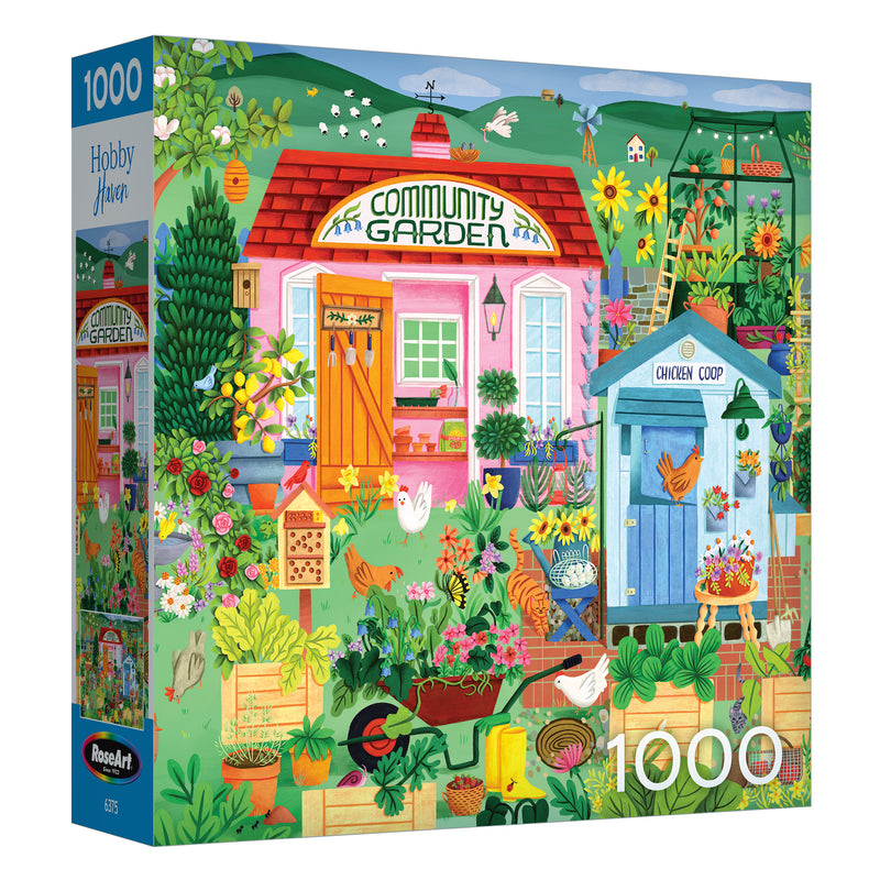 The ROSEART Hobby Haven Community Garden 1000 piece jigsaw puzzle features a lively garden scene with flowers, plants, gardening tools, and a charming chicken coop.