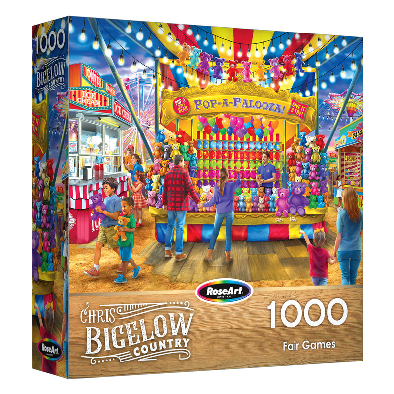 The image shows a ROSEART - BIGELOW COUNTRY - FAIR GAMES 1000 piece jigsaw puzzle box, featuring a colorful fairground scene with people enjoying games and attractions.