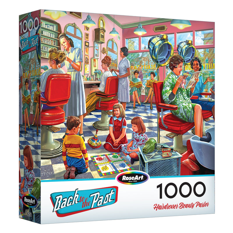 The ROSEART Back to the Past Hairdresser Beauty Parlor 1000 piece jigsaw puzzle features a delightful vintage salon scene with women styling hair and children playing—ideal for fans of beauty parlor puzzles.