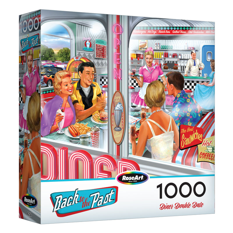 The ROSEART-BACK TO THE PAST-DINER DOUBLE DATE-1000 PIECE JIGSAW PUZZLE features a vibrant 1950s diner scene with people dining and waitresses serving food.