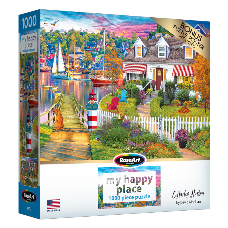 The ROSEART My Happy Place - Charles Harbor 1000-piece jigsaw puzzle showcases a vibrant seaside village with boats, charming houses, and lush gardens.