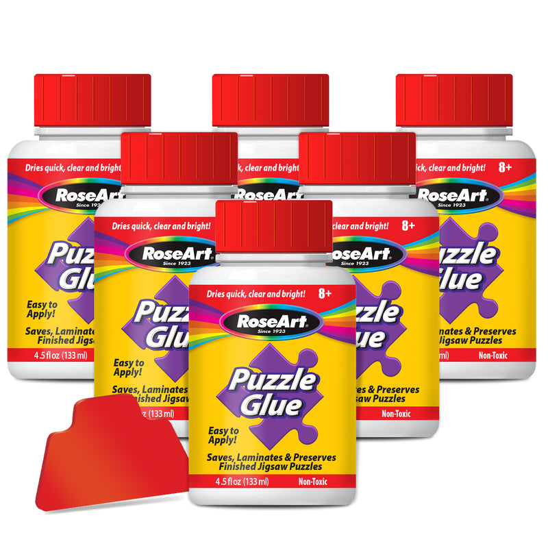 Six bottles of RoseArt - 4.5 oz Puzzle Glue 6 pack with red caps and a bright label. Each bottle is 4.5 fl oz (133 ml) and is advertised to save, laminate, and preserve finished jigsaw puzzles.