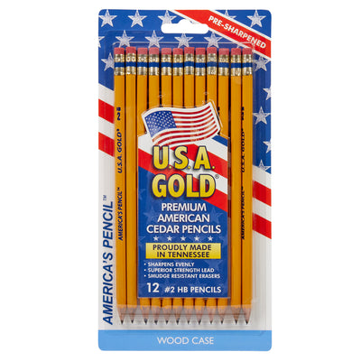 USA Gold Premium Cedar No. 2 Pre-Sharpened Pencils 12-Count, featuring a pre-sharpened design and American flag theme packaging, made in Tennessee.