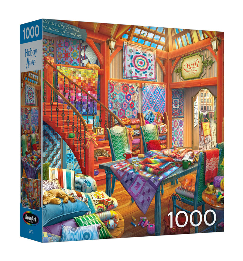 ROSEART's HOBBY HAVEN QUILT SHOP is a 1000-piece illustrated jigsaw puzzle depicting a vibrant quilt shop interior, ideal for enthusiasts seeking a cozy challenge.