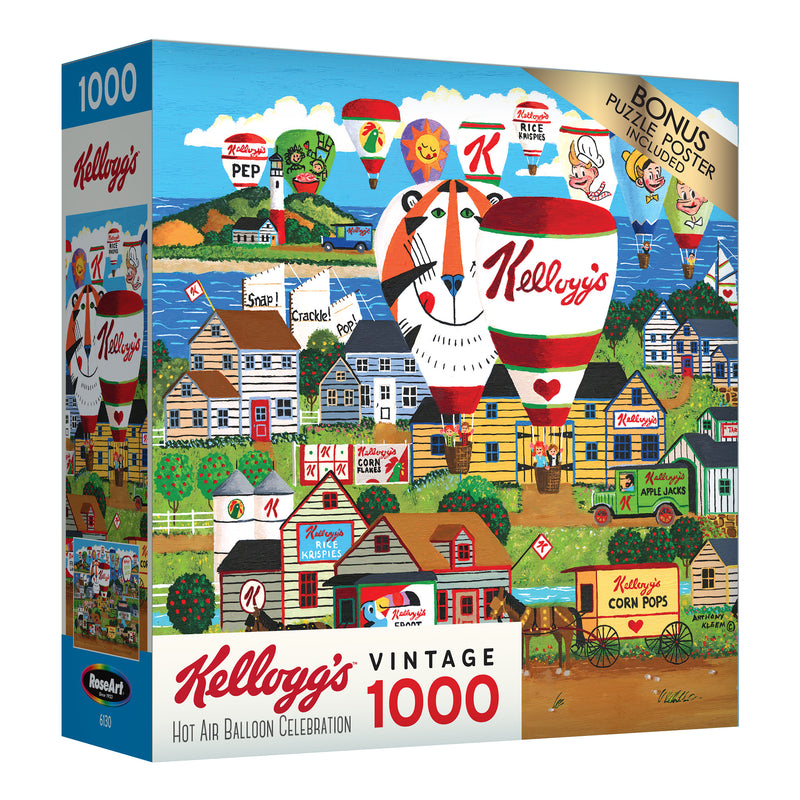 RoseArt - Kellogg's - Hot Air Balloon Celebration - 1000 Piece Jigsaw Puzzle with a vibrant vintage hot air balloon scene over a town. Balloons feature various Kellogg's cereal branding and characters. Includes a bonus puzzle poster.