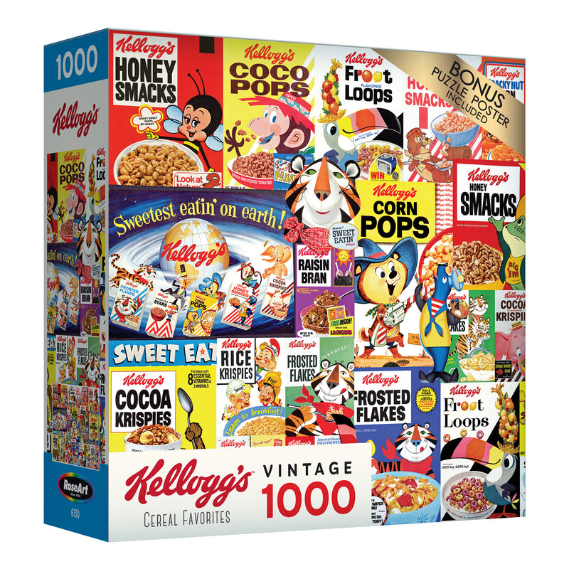 A RoseArt - Kellogg's - Cereal Favorites - 1000 Piece Jigsaw Puzzle featuring a collage of vintage Kellogg's cereal box designs, including favorites like Corn Pops, Froot Loops, and Frosted Flakes.