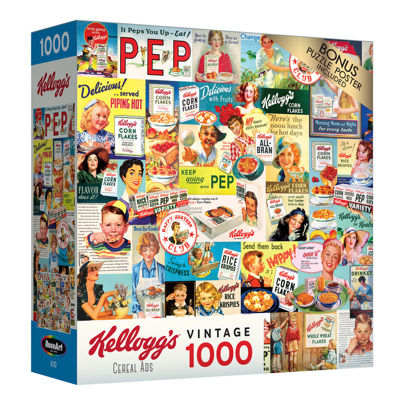 A 1000-piece puzzle box featuring a collage of vintage Kellogg's cereal ads, with a "Bonus Puzzle Poster Included" label on the top right corner is called the RoseArt - Kellogg's - Cereal Ads - 1000 Piece Jigsaw Puzzle.