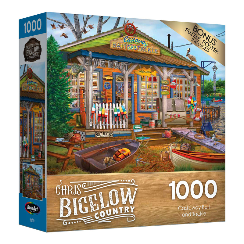 A 1000-piece puzzle depicting a bait and tackle shop by the water, complete with detailed illustrations of boats, fishing equipment, and a vibrant store. Includes a bonus puzzle poster. **RoseArt - Chris Bigelow - Castaway Bait and Tackle - 1000 Piece Jigsaw Puzzle**