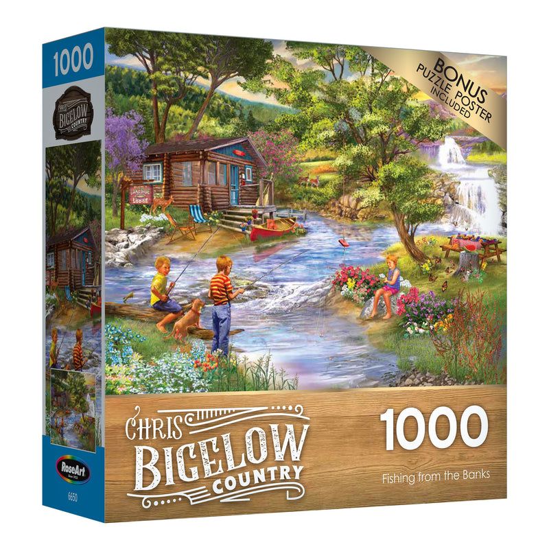 RoseArt - Chris Bigelow - Fishing from the Banks - 1000 Piece Jigsaw Puzzle, depicting a scenic riverside scene with people fishing, a cabin, and lush greenery. Puzzle box includes a bonus puzzle poster.