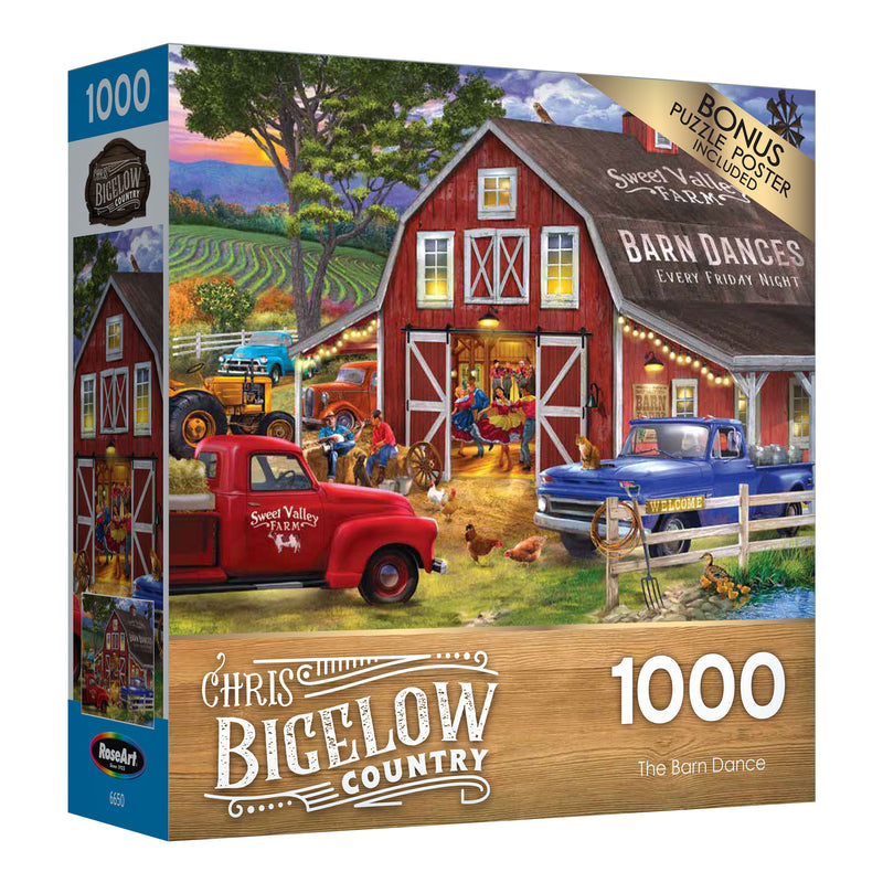 Box of a RoseArt - Chris Bigelow - The Barn Dance - 1000 Piece Jigsaw Puzzle titled "The Barn Dance," depicting a barn with vintage vehicles, people inside, and a field in the background. Bonus poster included.