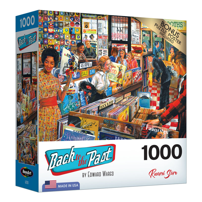 A colorful 1000-piece jigsaw puzzle box titled "RoseArt - Back to the Past - Record Store - 1000 Piece Jigsaw Puzzle" by Edward Wargo, featuring a record store scene. Includes a bonus puzzle poster. Made in the USA.