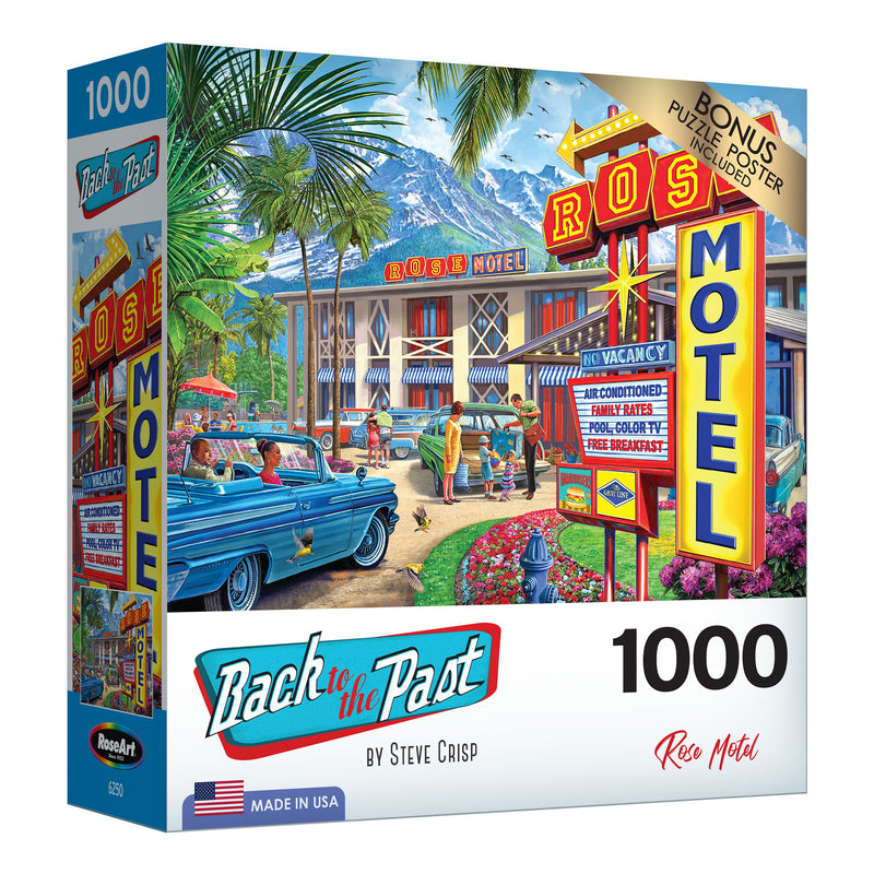 A 1000-piece puzzle box titled "RoseArt - Back to the Past - Rose Motel - 1000 Piece Jigsaw Puzzle" by Steve Crisp. The cover shows a colorful vintage motel scene with classic cars and guests. Includes a bonus puzzle poster. Made in the USA by RoseArt.