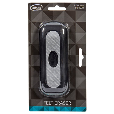 Packaging of a felt eraser labeled "Board Dudes Dry Erase Felt Eraser: Effortless Erasing for Home and Office Use". The eraser is black, encased in transparent plastic, with text indicating it has a real felt surface. Background has a geometric pattern.