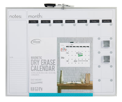 The Board Dudes Dry Erase Magnetic Calendar 16x20 INCH: Elevate Your Organizational Game with sections for notes and a monthly overview. Includes a marker, 2 magnets, and areas labeled for days of the week, notes, and a to-do list.