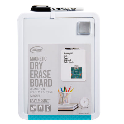 A Board Dudes Dry Erase Board 8.5x11 inches: Elevate Your Organizational Style with a black marker and eraser included. The board has a sample grocery list written and is displayed in packaging with illustrations and text.
