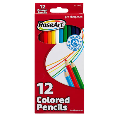 A box of RoseArt Premium Color Pencils 12 Count, containing 12 pre-sharpened, non-toxic pencils in various colors, with a "Quality Guaranteed" label on the packaging.