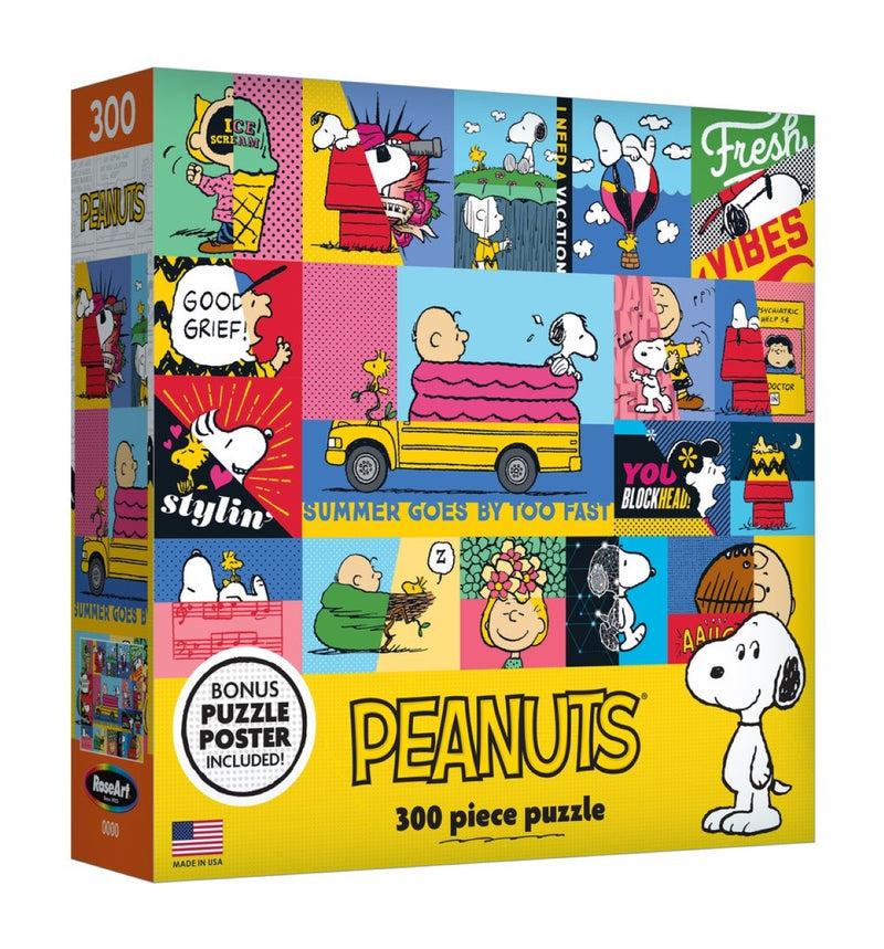 A RoseArt - PEANUTS - Peanuts Vibes - 300 Piece Jigsaw Puzzle featuring various Peanuts comic strip scenes and characters in a colorful collage. The box also includes a bonus puzzle poster.