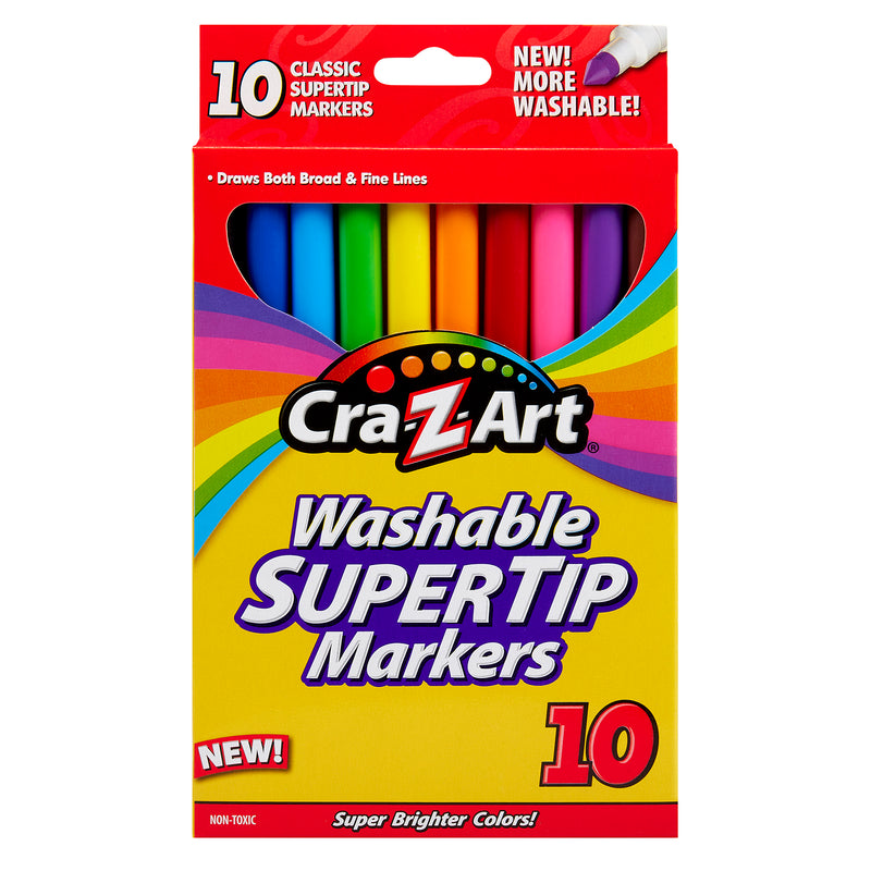 Package of Cra-Z-Art Fineline Supertip Washable 10 Count. The box is red with rainbow stripes and states "New! More Washable!".