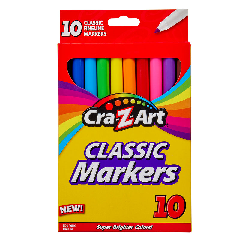 A box of 10 ct. Fineline Washable Markers, containing 10 different colored fine-line markers. The box is yellow with a rainbow design and text indicating "Super Brighter Colors!