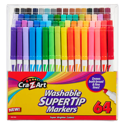 A box of Cra-Z-Art Super Tip Marker 64 Count in assorted colors, capable of drawing both broad and fine lines.