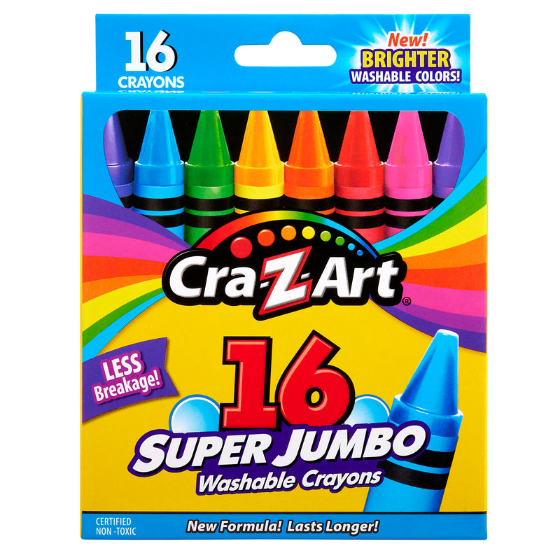 A box of Cra-Z-Art Washable Crayons Super Jumbo 16 Count. The packaging boasts brighter colors, less breakage, and a new formula that lasts longer.