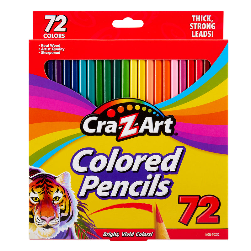 A 72-count box of Cra-Z-Art 72 Count Colored Pencils with bright packaging featuring a tiger and rainbow colors. The box advertises thick, strong leads, real wood, artist quality, and sharpened pencils.
