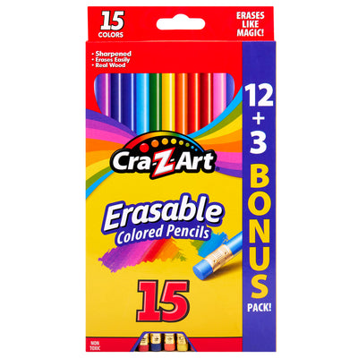 A box of Cra-Z-Art Erasable Colored Pencils 12+3 Count, containing 15 colors. The packaging highlights 12 regular + 3 bonus pencils. The front shows the pencils and mentions features like "erases like magic!.