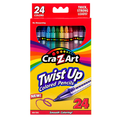 A pack of Cra-Z-Art Twist Up Colored Pencils 24 Count with thick, strong leads, showcasing various colors through a clear plastic window on the red and yellow packaging.