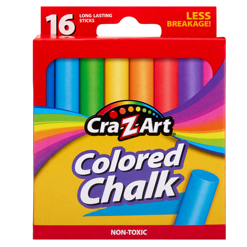 A box of Cra-Z-Art Chalk - Color 16 Count with long-lasting, non-toxic sticks in a variety of colors, labeled "Less Breakage!".