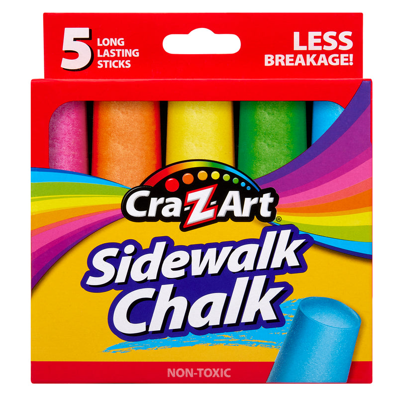 A red box of Cra-Z-Art 5-piece Washable Sidewalk Chalk: Portable Box, Endless Outdoor Creativity for Kids showing five long-lasting, colorful chalk sticks and labeling them as non-toxic with less breakage.