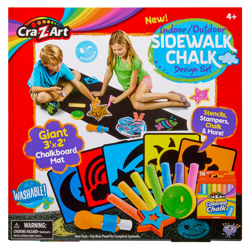A boxed set of Cra-Z-Art Indoor Outdoor Sidewalk Chalk Design Set, featuring giant 3'x2' chalkboard mat, stencils, stamps, and 16 colored chalks. Suitable for ages 4 and up.