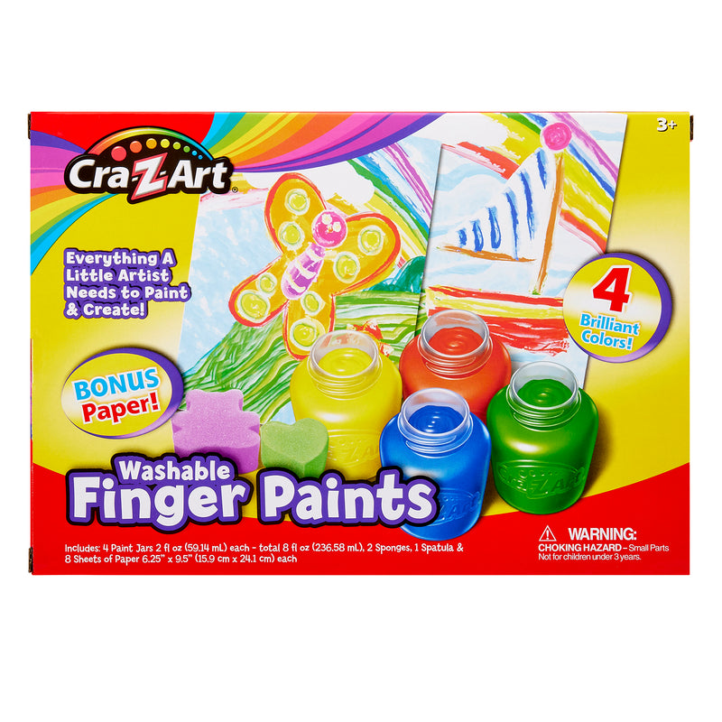 The Cra-Z-Art Washable Finger Paints: Unleash Creativity with 4 Colors, Sponges, and Paper for Kids 3+, including sponges, paper, a brush, and a spatula, suitable for children aged 3 and up. Warning: Choking hazard.