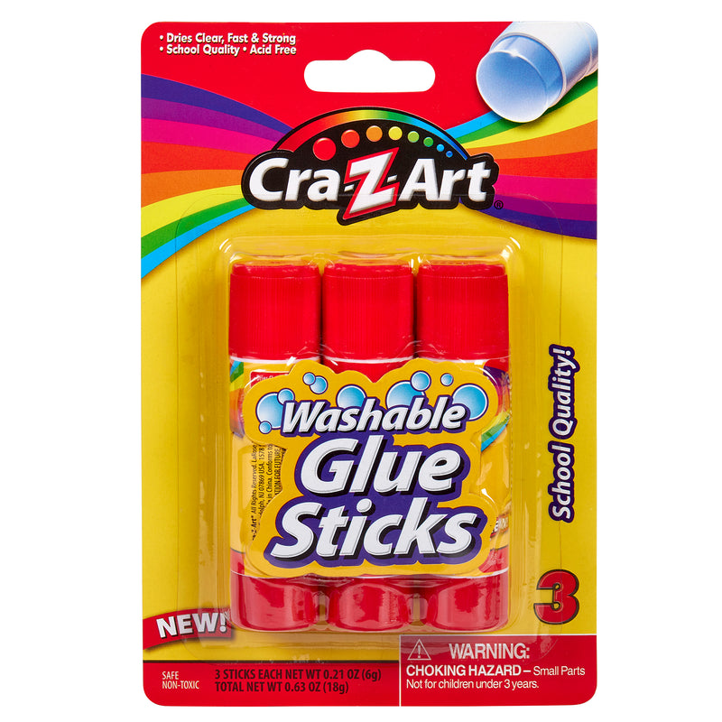 Package of 3 ct. Washable Glue Sticks, blister card, featuring three glue sticks with red caps. The packaging highlights "dries clear, fast & strong" and warns of small parts as a choking hazard.