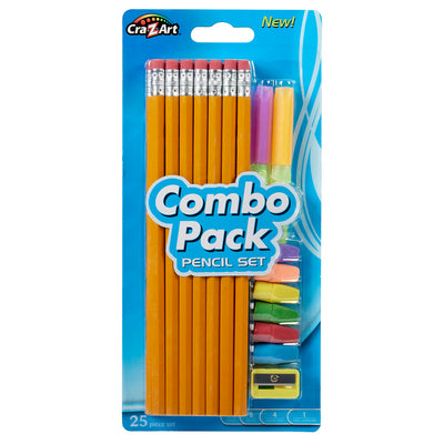 A 14ct Yellow No.2 Pencil Pack: Stylish & Functional with Grips, Eraser Caps, Sharpener - School & Home Essential! from Cra-Z-Art, featuring traditional yellow pencils with erasers, various colored pencil cap erasers, and a yellow pencil sharpener in its original packaging.