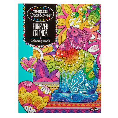 Coloring book titled "Timeless Creations Furever Friends Creative Coloring Book: 64 Pages of Relaxation and Intricate Designs!" featuring an intricate, colorful drawing of a cat on the cover.
