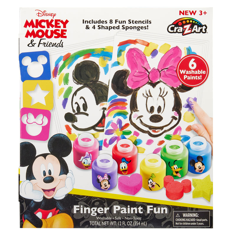 Packaging for Disney Junior Mickey & Friend: Finger Painting Fun, featuring paint, stencils, and shaped sponges for kids aged 3 and up. Includes 6 washable paints. Warning: small parts.