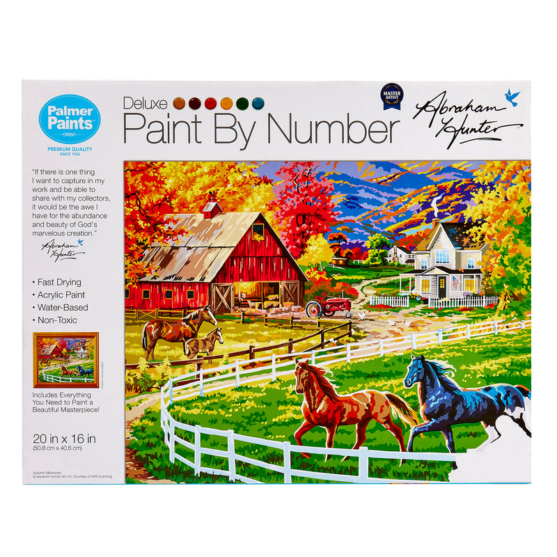 Palmer Paint by numbers- Abraham Hunter Autumn Memories 16 x 20 Inches with a farm scene featuring barns, horses, and a fence. The kit includes acrylic paint, brushes, and instructions. The painting measures 20 x 16 inches.