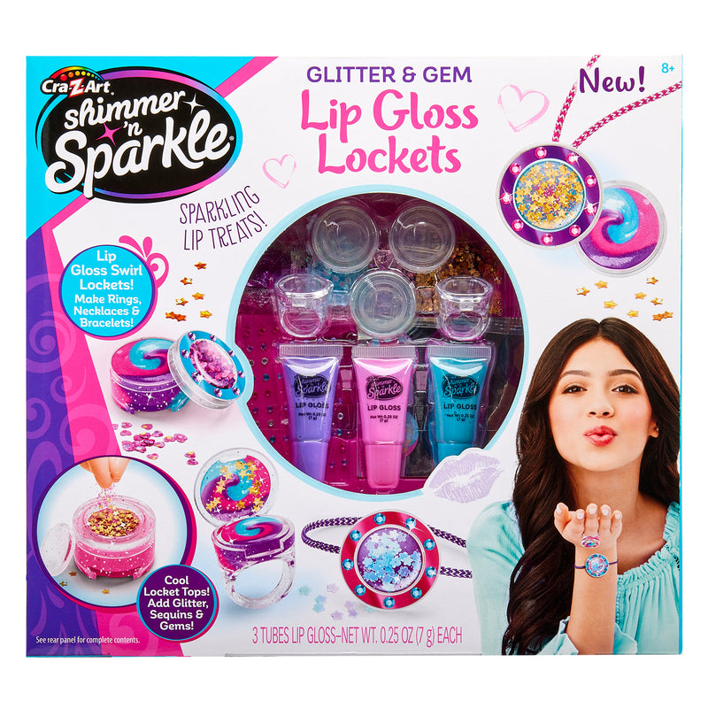 Product packaging for Shimmer 'n Sparkle Glitter & Gem Lip Gloss Lockets, featuring lip gloss and accessories to create lockets, rings, necklaces, and bracelets. Suitable for ages 8 and up.