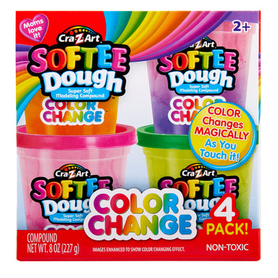 Softee Dough Color Change Dough - 2 oz 4 Count for ages 2 and up. Includes four tubs of modeling compound. Text highlights being non-toxic and having color-changing properties.