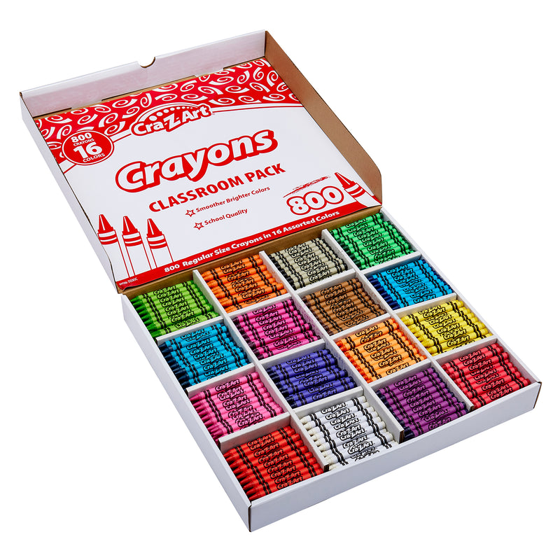 Open box of Cra-Z-Art Crayon 16 color 800 Count, classroom pack with 800 crayons in 16 assorted colors organized neatly in sections.