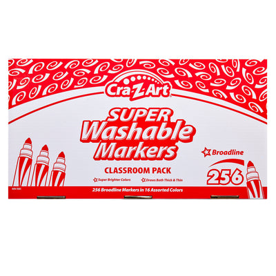 Packaging for Cra-Z-Art Washable Markers Broadline 16 color 256 Count. The box features red and white graphics with marker illustrations.
