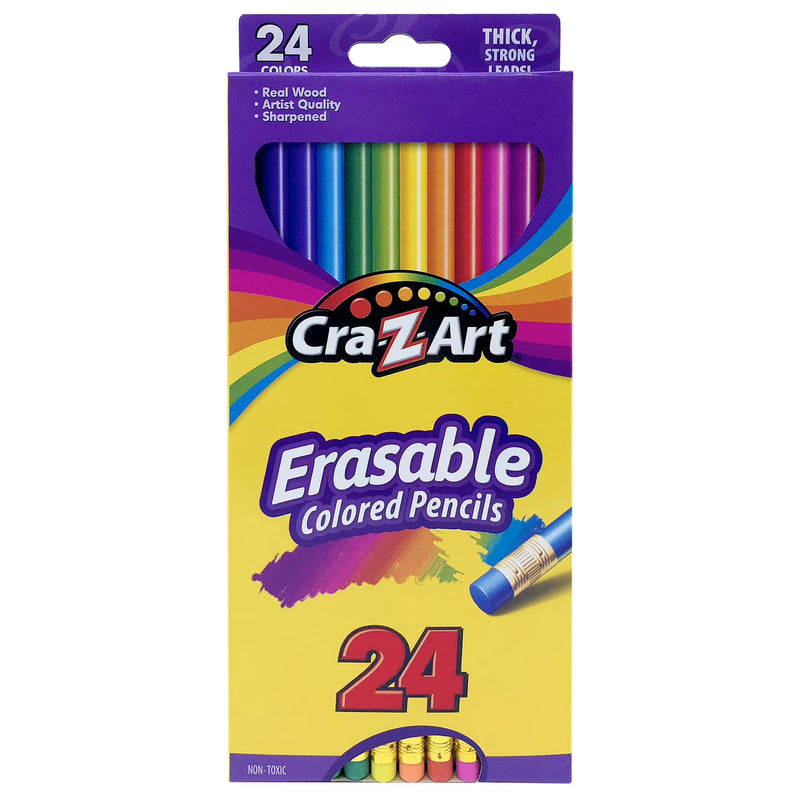 Cra-Z-Art Erasable Colored Pencils with Erasers, 24 Colors, Pre-Sharpened, Ages 3+