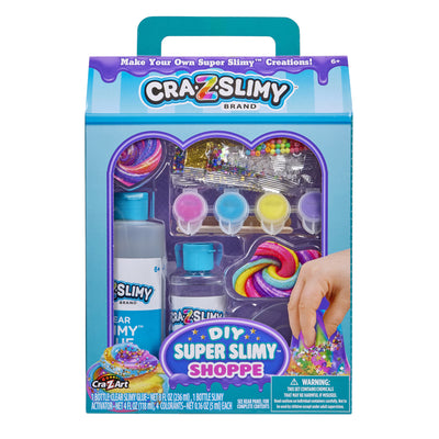 Cra-Z-Slimy DIY Super Slimy Shoppe make-your-own slime kit with clear slime glue, activator, pink, blue, yellow and purple colors, confetti, beads, and slime-making supplies.